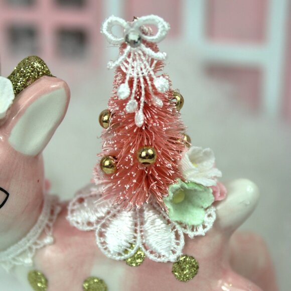Pink Deer & Bottle Brush Tree Figurine: Vintage Style Christmas Decor - Picture 8 of 10